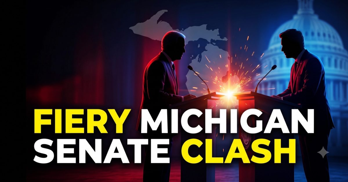 Rep. Haley Stevens and Abdul El-Sayed speaking at podiums during the 2026 Michigan Senate primary debate on FOX 2 Detroit.