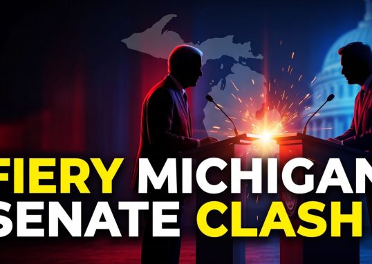 Rep. Haley Stevens and Abdul El-Sayed speaking at podiums during the 2026 Michigan Senate primary debate on FOX 2 Detroit.