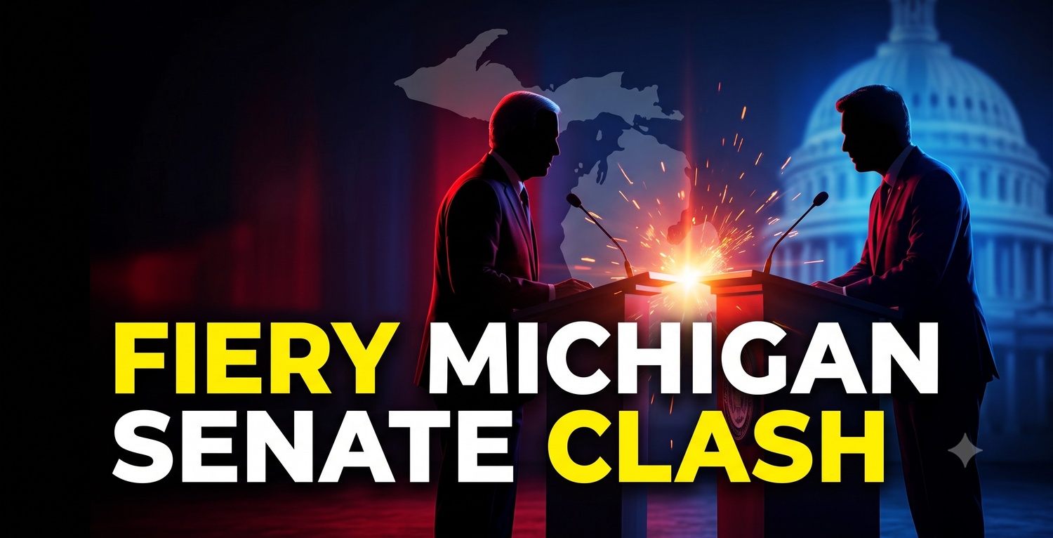 Rep. Haley Stevens and Abdul El-Sayed speaking at podiums during the 2026 Michigan Senate primary debate on FOX 2 Detroit.