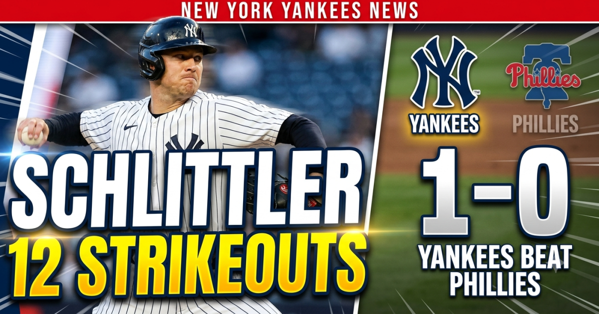 Yankees pitcher Cam Schlittler throwing a fastball during his 12-strikeout performance against the Philadelphia Phillies.