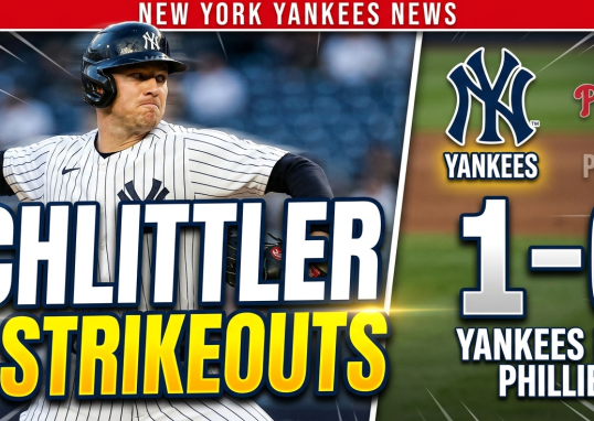 Yankees pitcher Cam Schlittler throwing a fastball during his 12-strikeout performance against the Philadelphia Phillies.