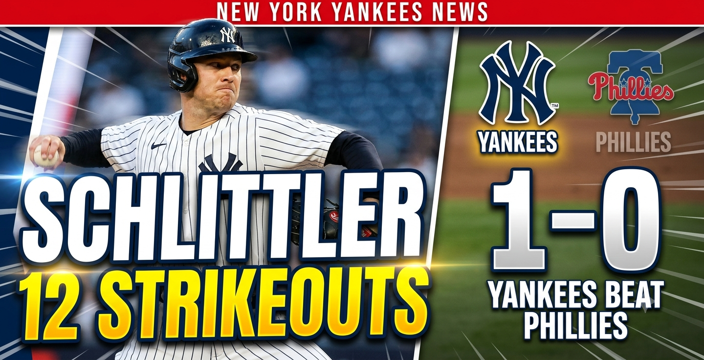 Yankees pitcher Cam Schlittler throwing a fastball during his 12-strikeout performance against the Philadelphia Phillies.