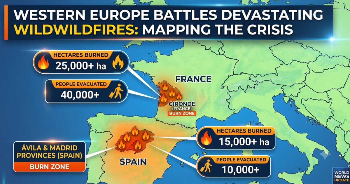 A massive European wildfire generating dark pyrocumulonimbus smoke clouds over a forest in western Europe during the 2026 crisis.