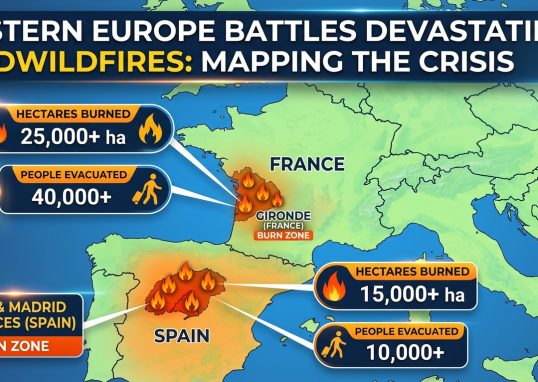 A massive European wildfire generating dark pyrocumulonimbus smoke clouds over a forest in western Europe during the 2026 crisis.