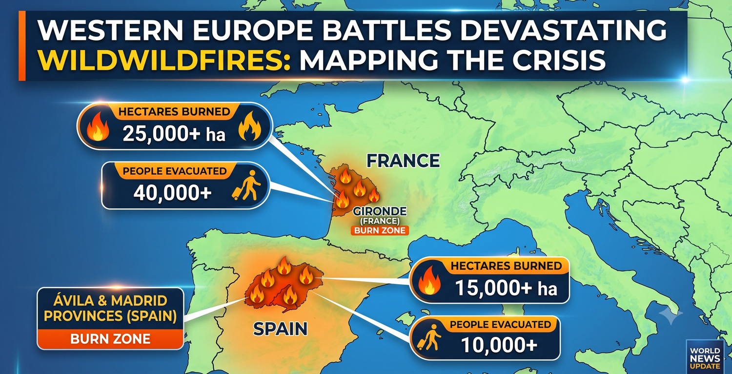 A massive European wildfire generating dark pyrocumulonimbus smoke clouds over a forest in western Europe during the 2026 crisis.