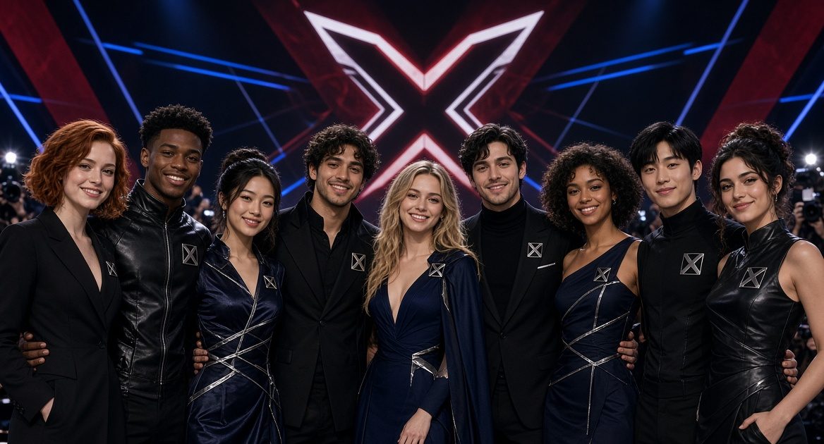 Cast of Marvel’s upcoming X-Men movie posing together at D23 Expo including Sadie Sink and Adam Driver