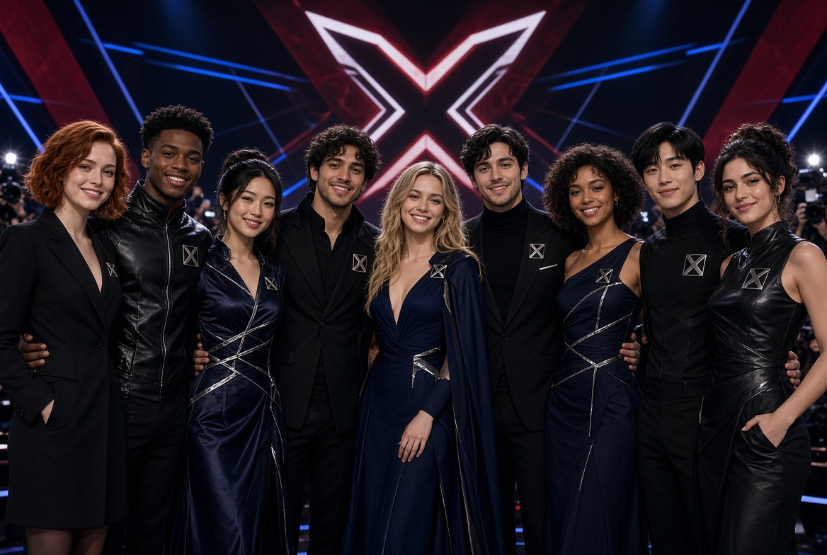 Cast of Marvel’s upcoming X-Men movie posing together at D23 Expo including Sadie Sink and Adam Driver