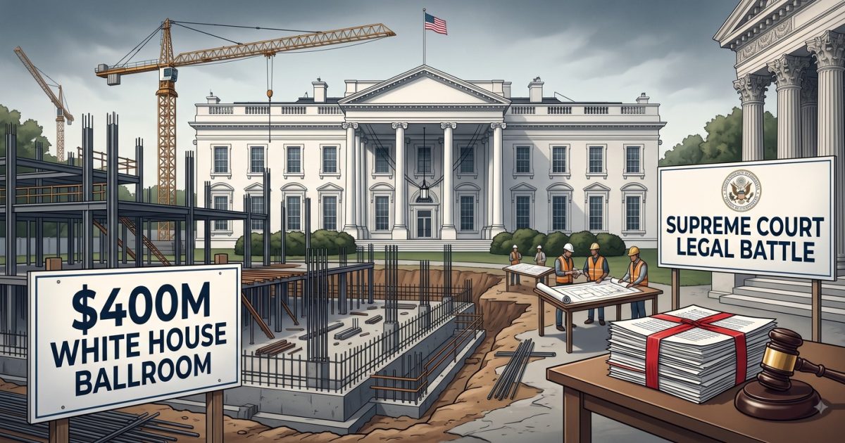 Construction site of the planned White House ballroom on the former East Wing grounds with scaffolding and cranes