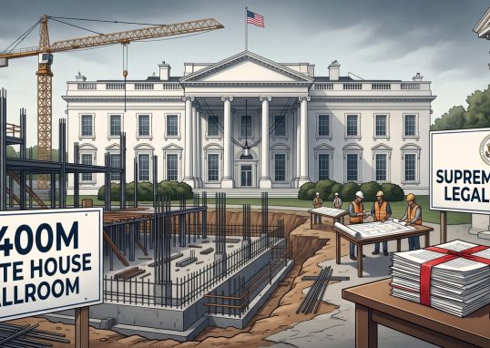 Construction site of the planned White House ballroom on the former East Wing grounds with scaffolding and cranes