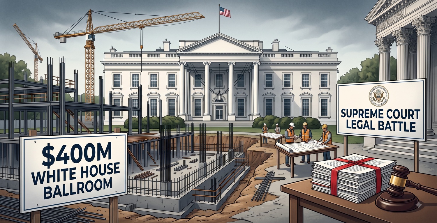 Construction site of the planned White House ballroom on the former East Wing grounds with scaffolding and cranes