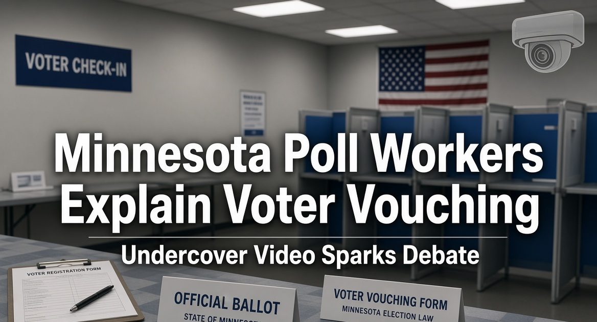 Still from undercover footage showing Minnesota election workers discussing voter vouching rules at a Minneapolis polling place