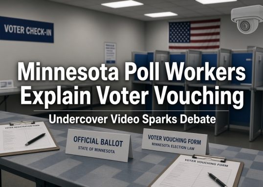 Still from undercover footage showing Minnesota election workers discussing voter vouching rules at a Minneapolis polling place