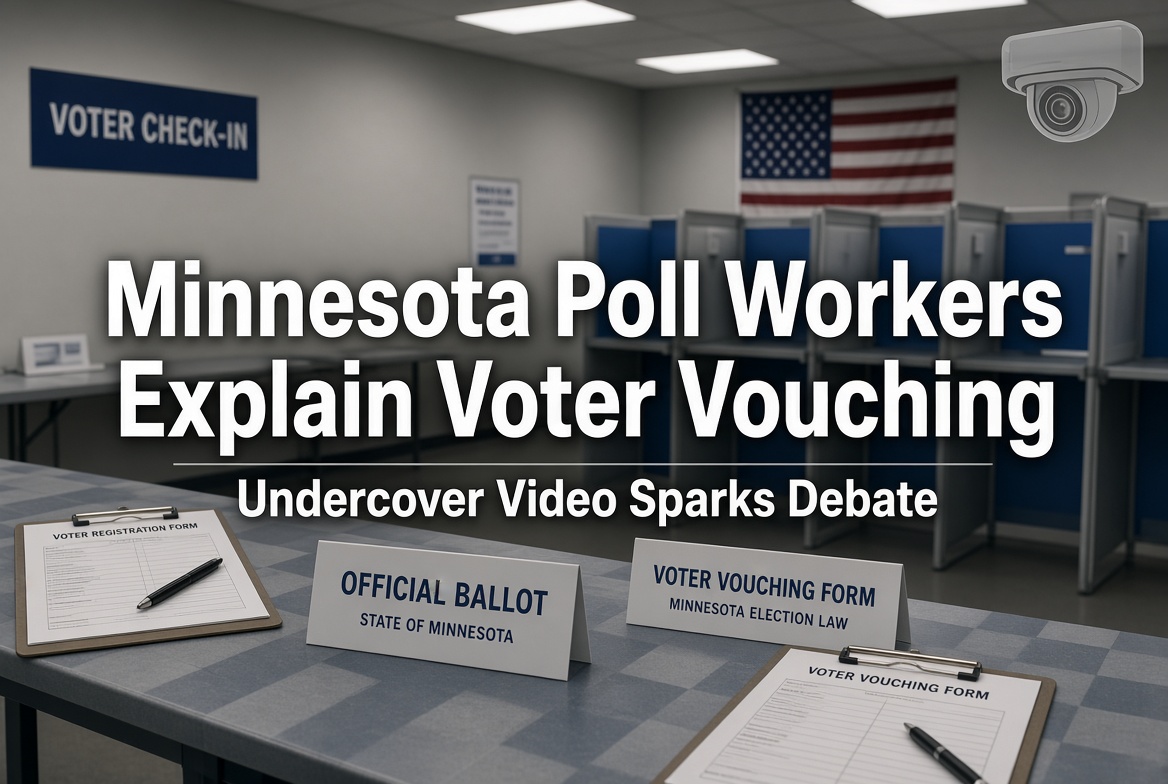 Still from undercover footage showing Minnesota election workers discussing voter vouching rules at a Minneapolis polling place
