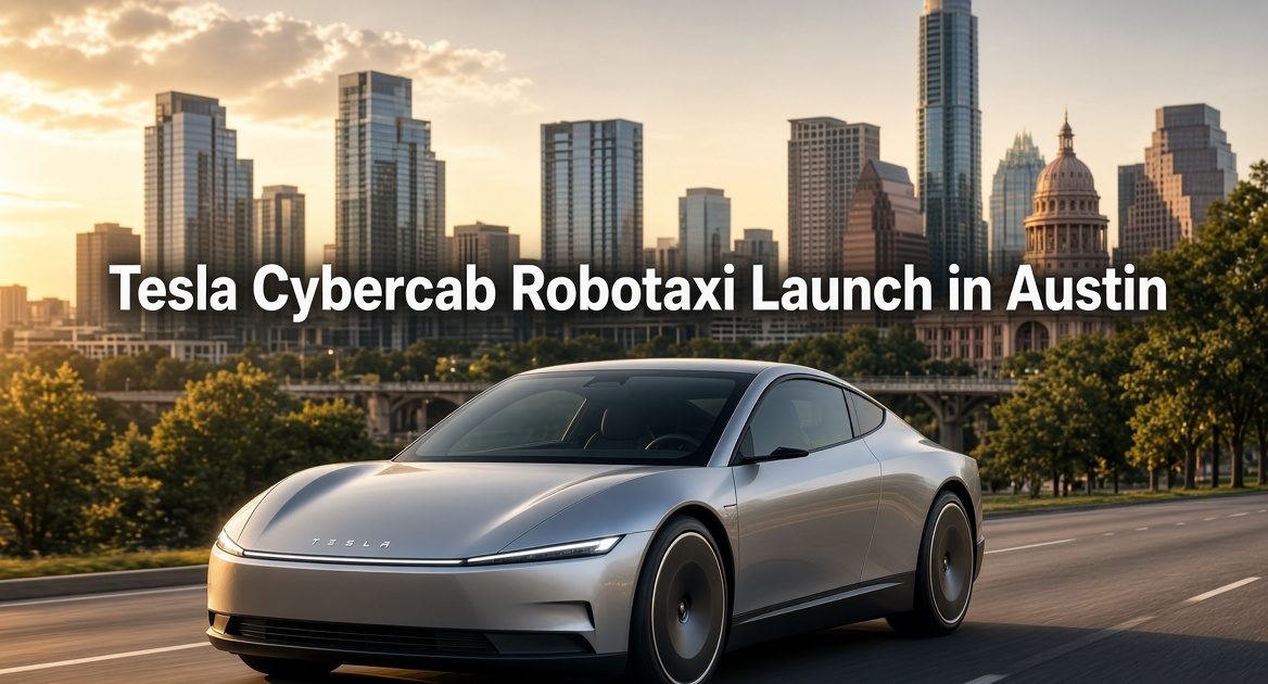 Tesla Cybercab two-seater robotaxi vehicle on Austin city street during testing ahead of public launch