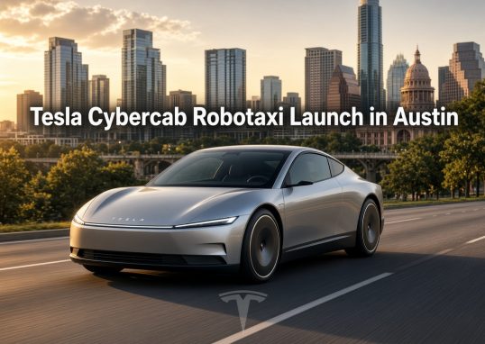 Tesla Cybercab two-seater robotaxi vehicle on Austin city street during testing ahead of public launch