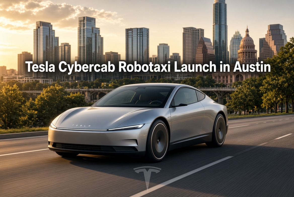 Tesla Cybercab two-seater robotaxi vehicle on Austin city street during testing ahead of public launch