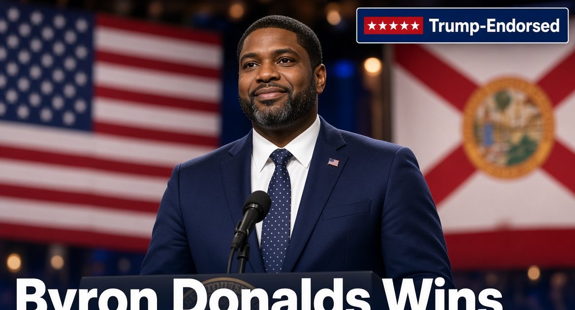 Congressman Byron Donalds speaking at a campaign event after winning the Florida Republican primary for governor