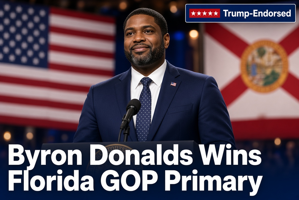 Congressman Byron Donalds speaking at a campaign event after winning the Florida Republican primary for governor