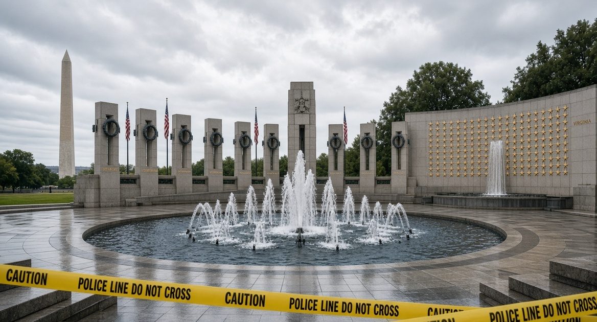 National World War II Memorial on the National Mall after graffiti cleanup following alleged vandalism by Melissa L. Farris