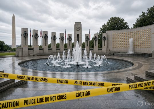 National World War II Memorial on the National Mall after graffiti cleanup following alleged vandalism by Melissa L. Farris