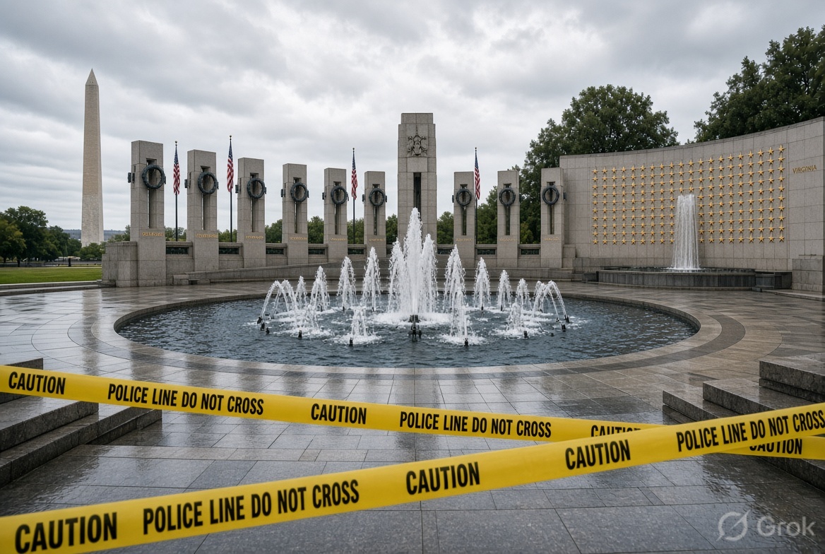 National World War II Memorial on the National Mall after graffiti cleanup following alleged vandalism by Melissa L. Farris