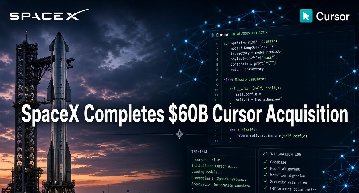SpaceX logo and Cursor interface side by side representing the completed $60 billion AI coding platform acquisition