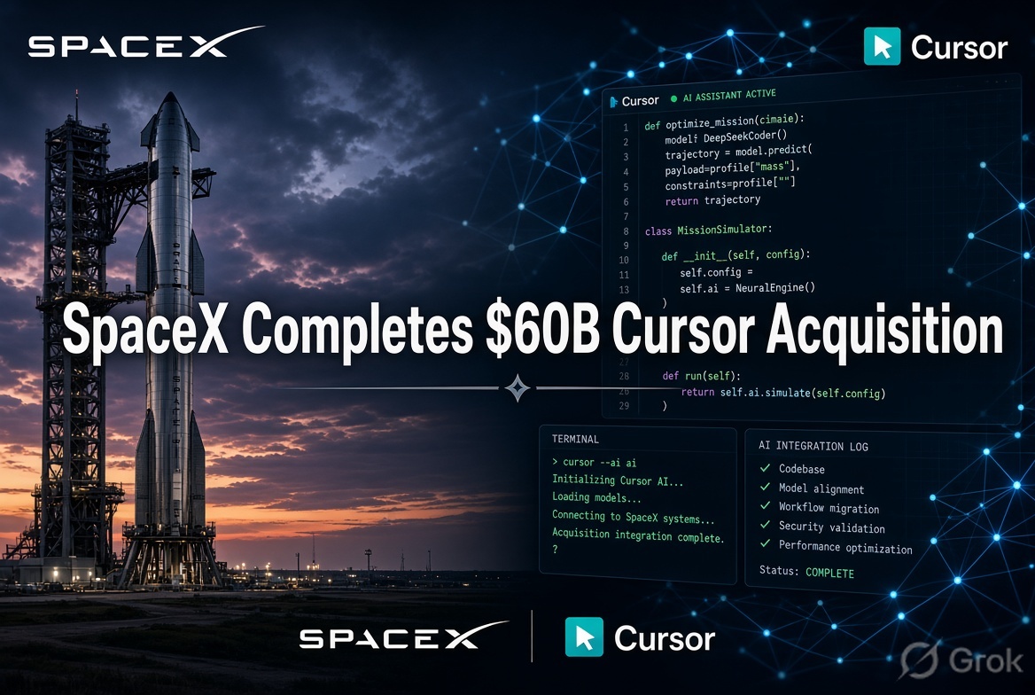SpaceX logo and Cursor interface side by side representing the completed $60 billion AI coding platform acquisition