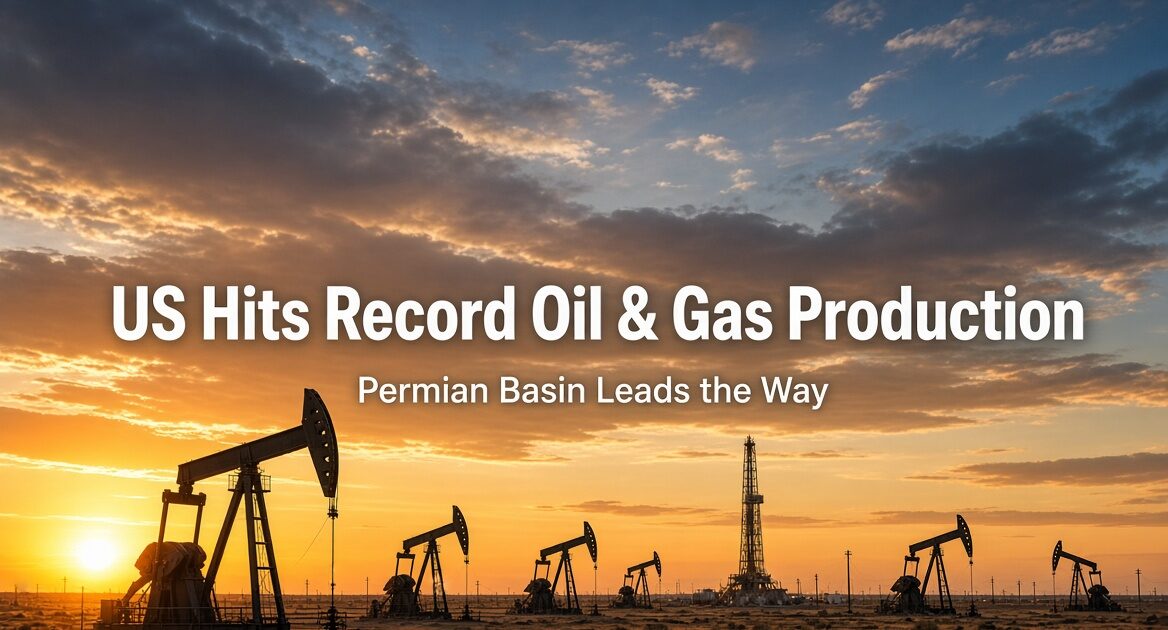 Pumpjacks and drilling activity in the Permian Basin representing record US oil and natural gas production