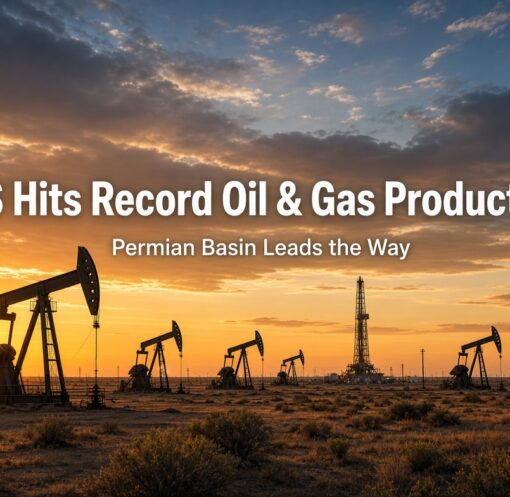 Pumpjacks and drilling activity in the Permian Basin representing record US oil and natural gas production
