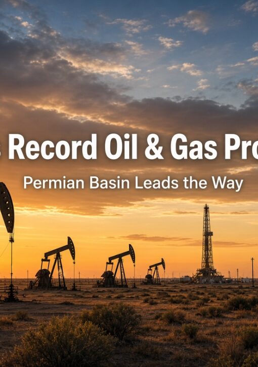 Pumpjacks and drilling activity in the Permian Basin representing record US oil and natural gas production