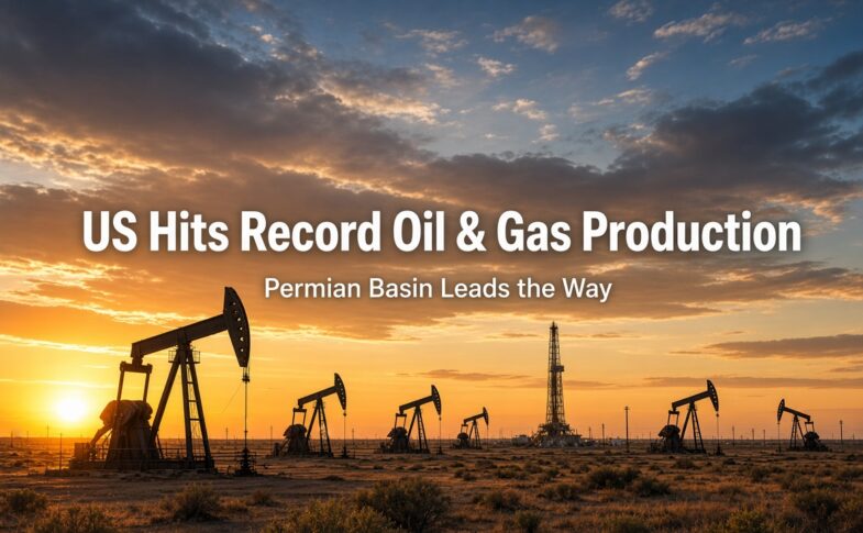 Pumpjacks and drilling activity in the Permian Basin representing record US oil and natural gas production