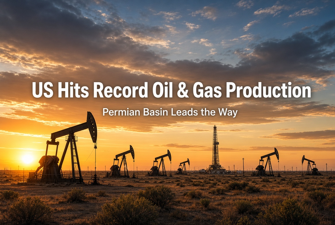 Pumpjacks and drilling activity in the Permian Basin representing record US oil and natural gas production