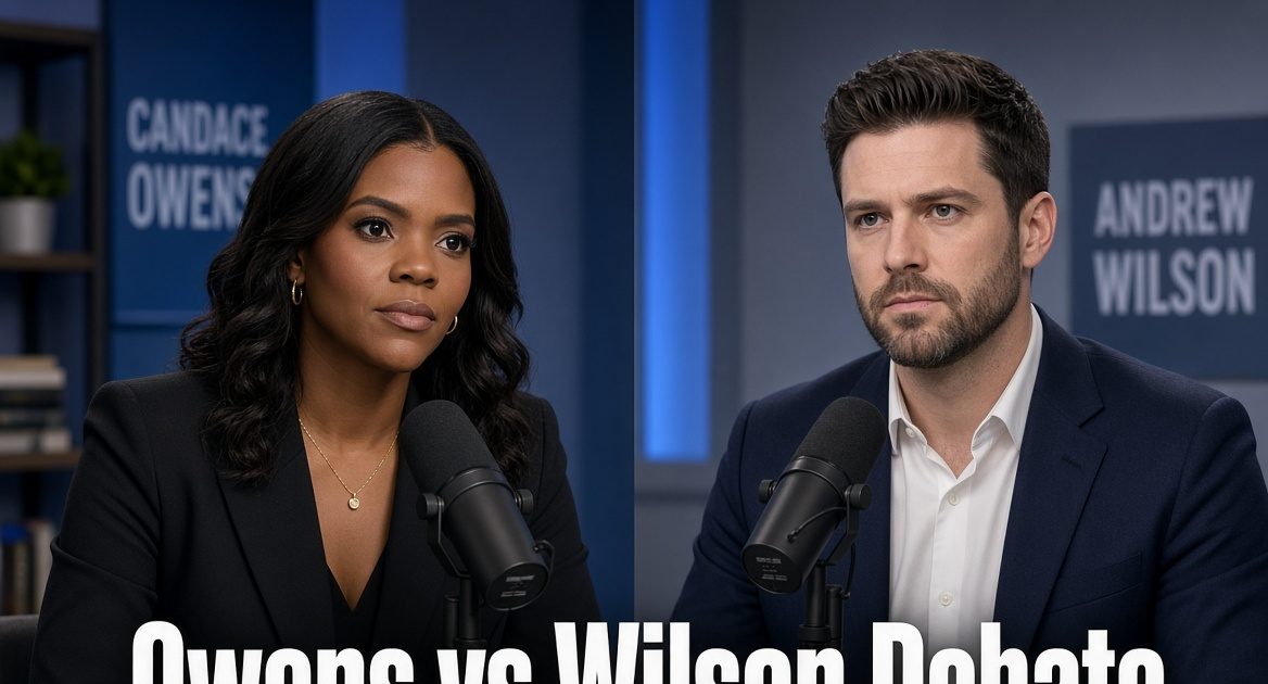 Candace Owens and Andrew Wilson during their moderated debate on Charlie Kirk assassination theories