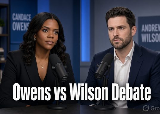 Candace Owens and Andrew Wilson during their moderated debate on Charlie Kirk assassination theories