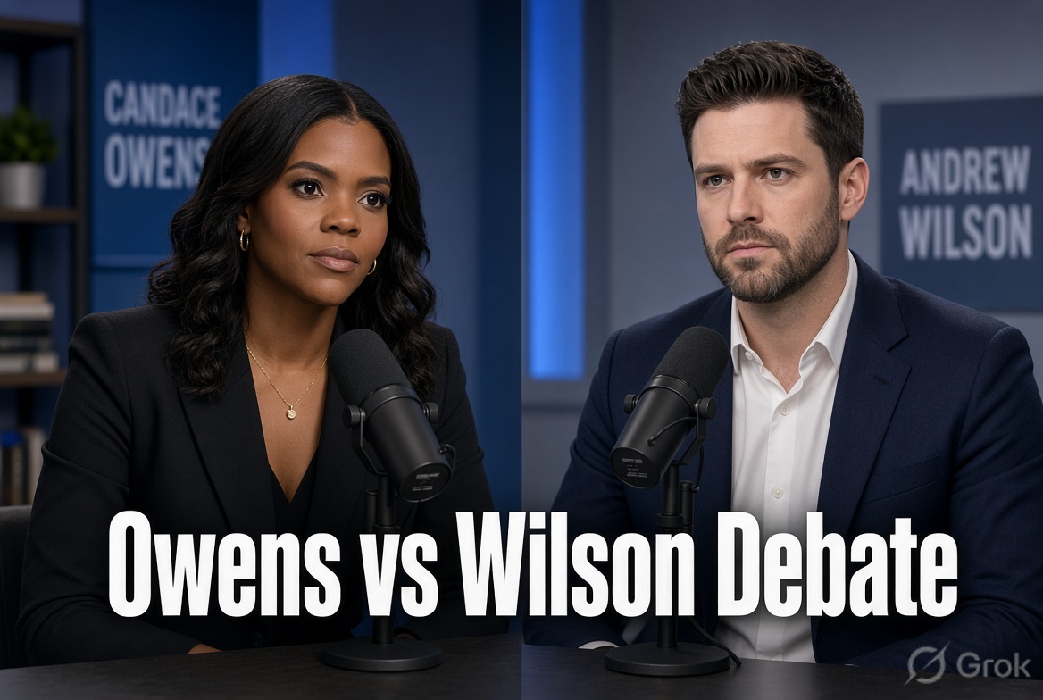 Candace Owens and Andrew Wilson during their moderated debate on Charlie Kirk assassination theories