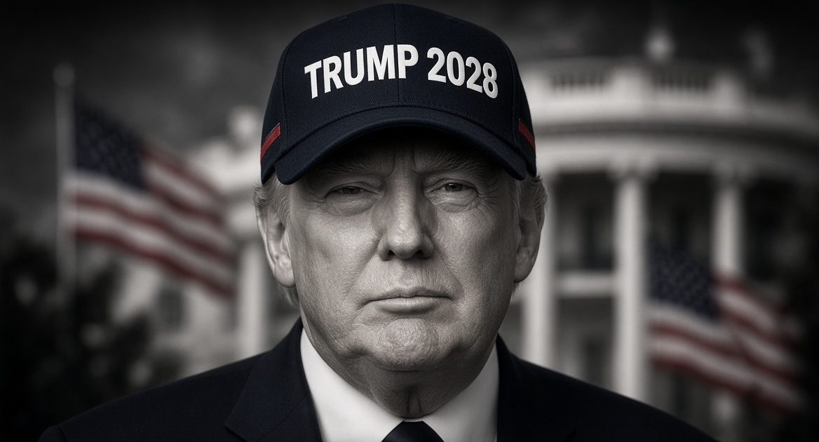 AI-generated portrait of President Trump wearing a TRUMP 2028 hat posted on Truth Social