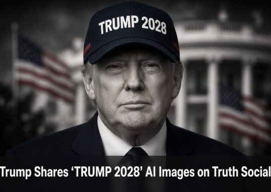 AI-generated portrait of President Trump wearing a TRUMP 2028 hat posted on Truth Social