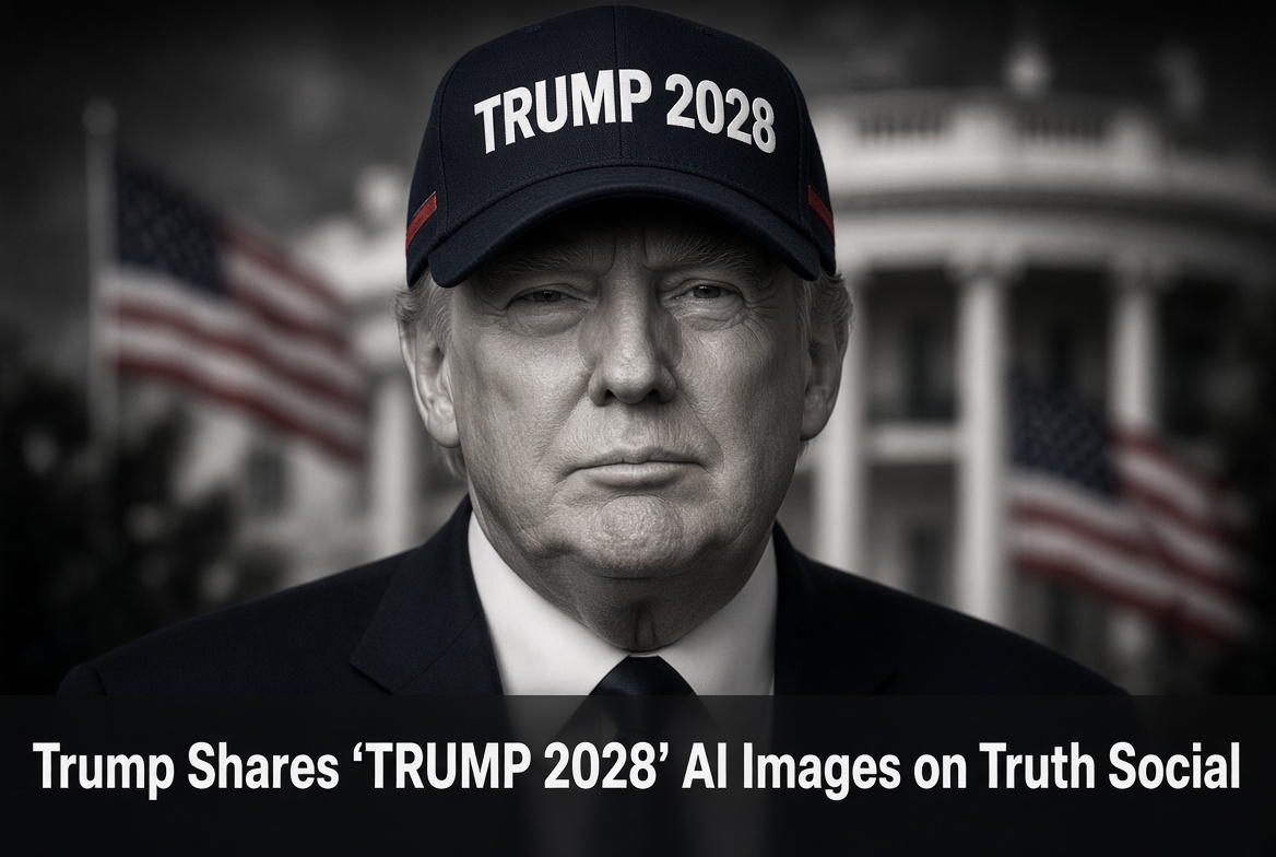 AI-generated portrait of President Trump wearing a TRUMP 2028 hat posted on Truth Social
