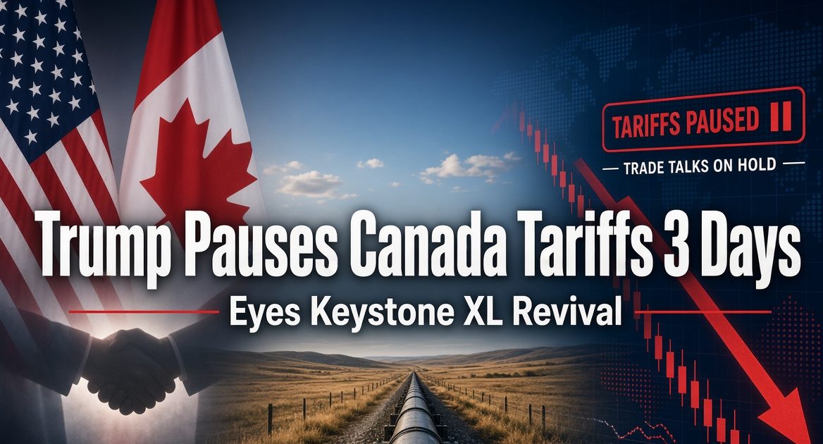 President Trump and Canadian Prime Minister Mark Carney alongside Keystone XL pipeline imagery and trade symbols