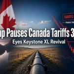President Trump and Canadian Prime Minister Mark Carney alongside Keystone XL pipeline imagery and trade symbols