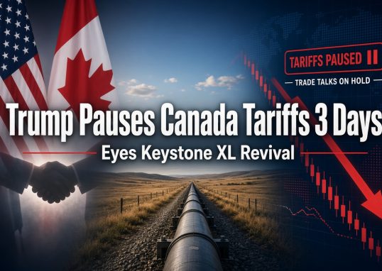 President Trump and Canadian Prime Minister Mark Carney alongside Keystone XL pipeline imagery and trade symbols