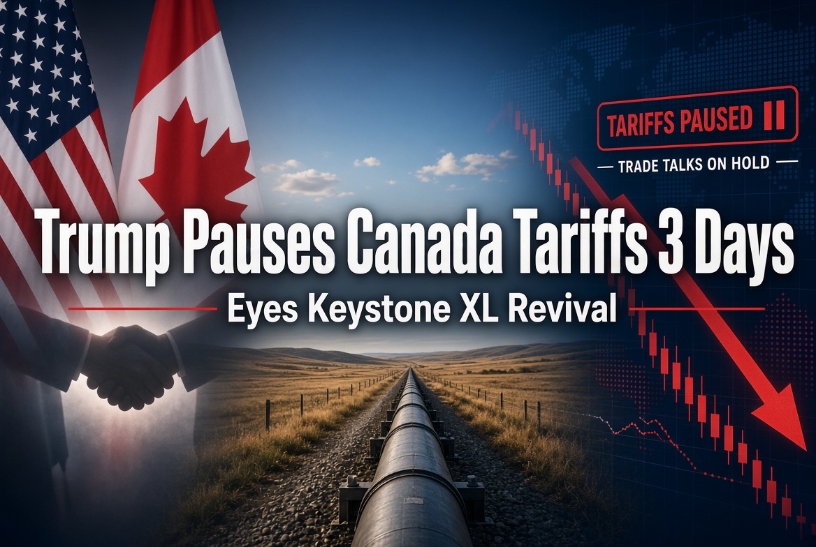 President Trump and Canadian Prime Minister Mark Carney alongside Keystone XL pipeline imagery and trade symbols