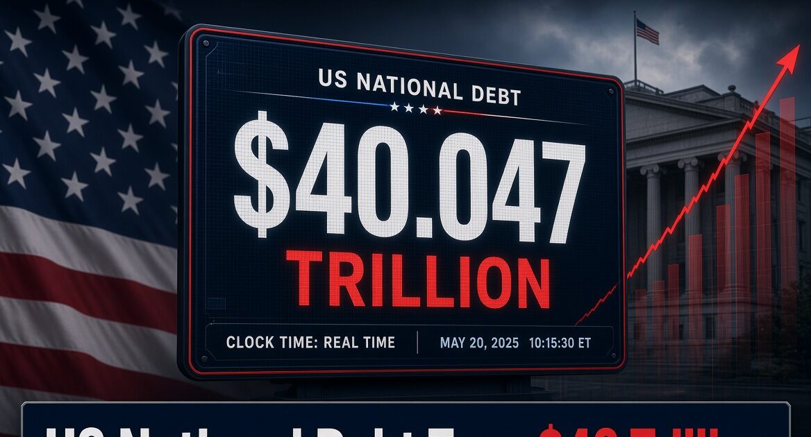 Digital debt clock graphic showing US national debt surpassing 40 trillion dollars with Treasury building in background