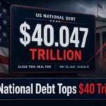 Digital debt clock graphic showing US national debt surpassing 40 trillion dollars with Treasury building in background
