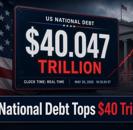 Digital debt clock graphic showing US national debt surpassing 40 trillion dollars with Treasury building in background