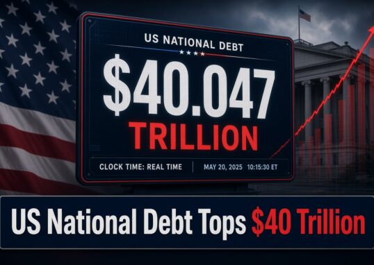 Digital debt clock graphic showing US national debt surpassing 40 trillion dollars with Treasury building in background