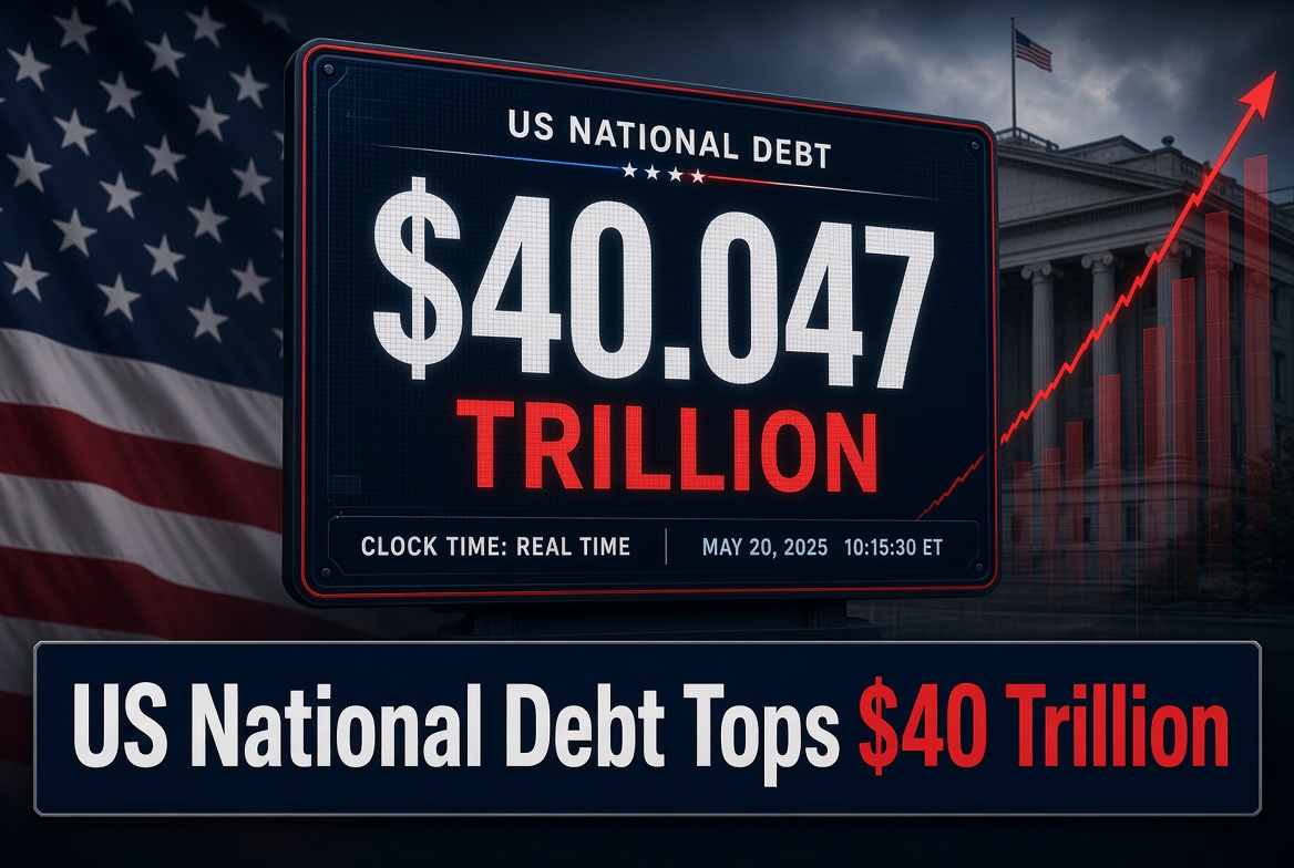 Digital debt clock graphic showing US national debt surpassing 40 trillion dollars with Treasury building in background